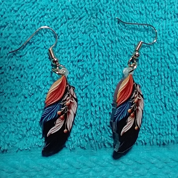 Wire dangle earrings feather art colorful multicolor blue orange white - Picture 3 of 3